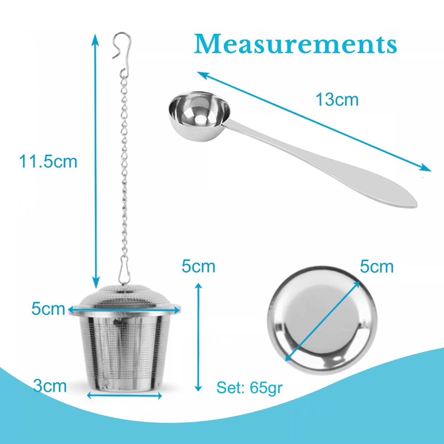 Intirilife Teeset Edelstahl 5-teilig Teesieb mit Kette silber