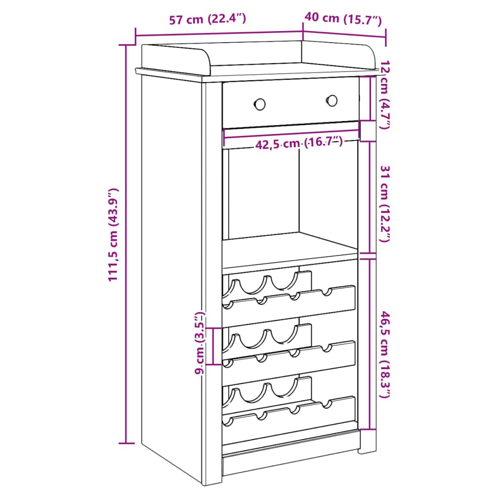 vidaXL Möbel Panama Weinschrank Kiefer 57x40x111,5 cm 9 Flaschen