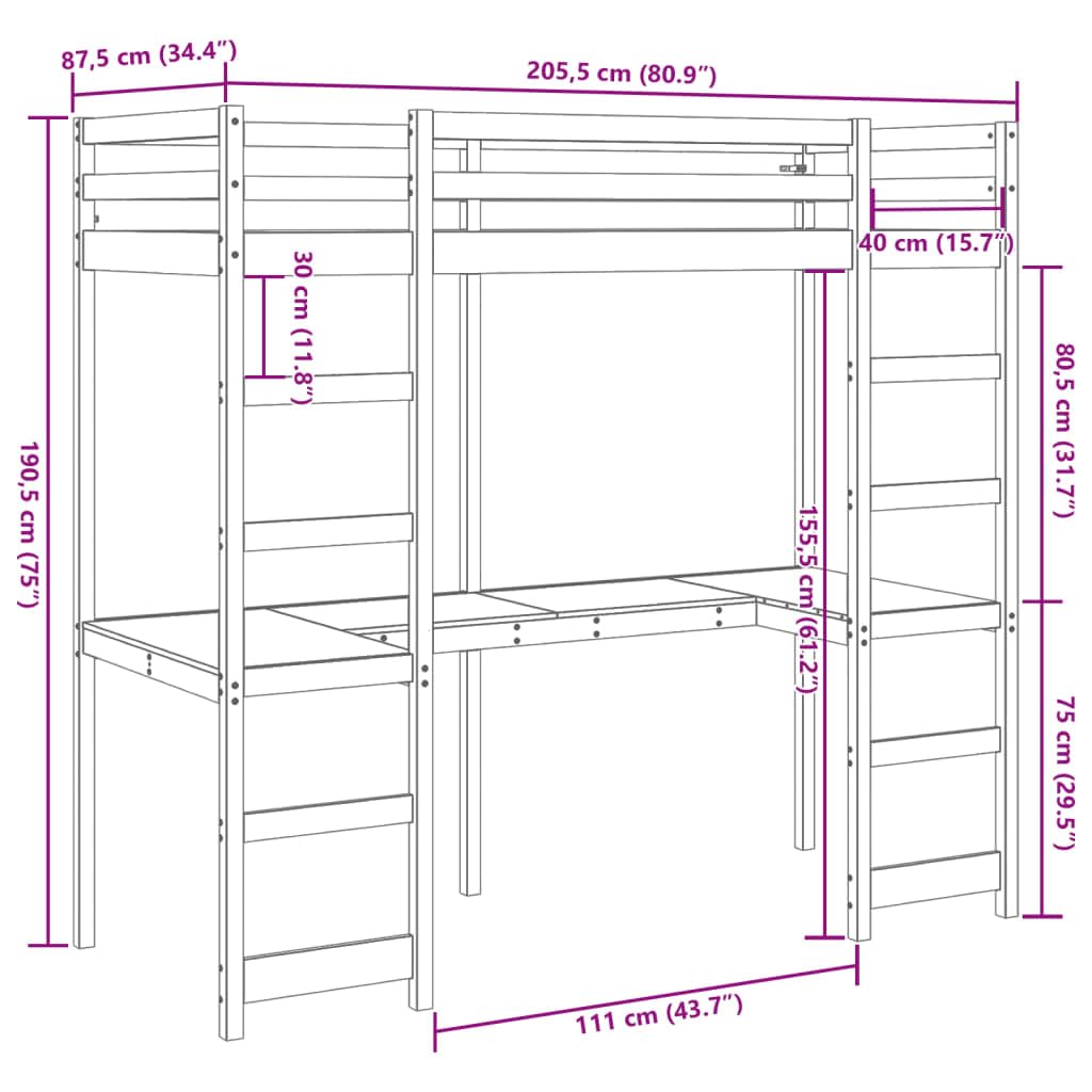 vidaXL Möbel Hochbett 80x200 wachsbraun Kiefer mit Schreibtisch