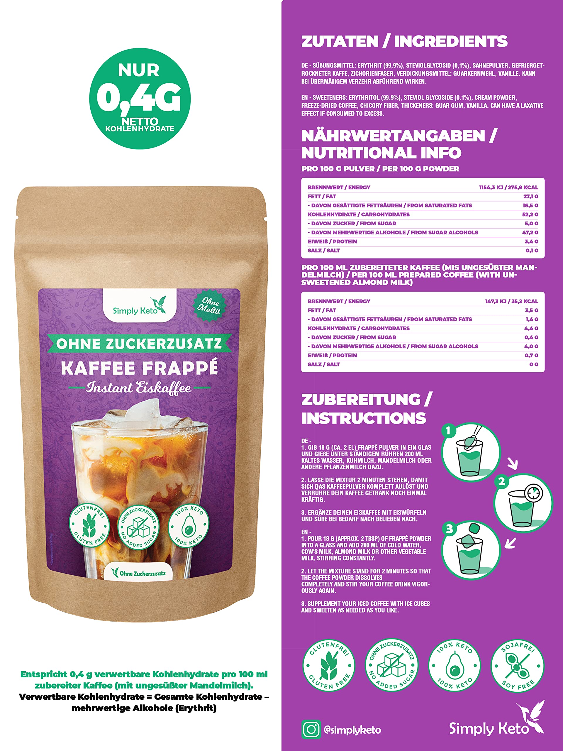 Simply Keto Frappé Eiskaffee Pulver 200g ohne Zucker