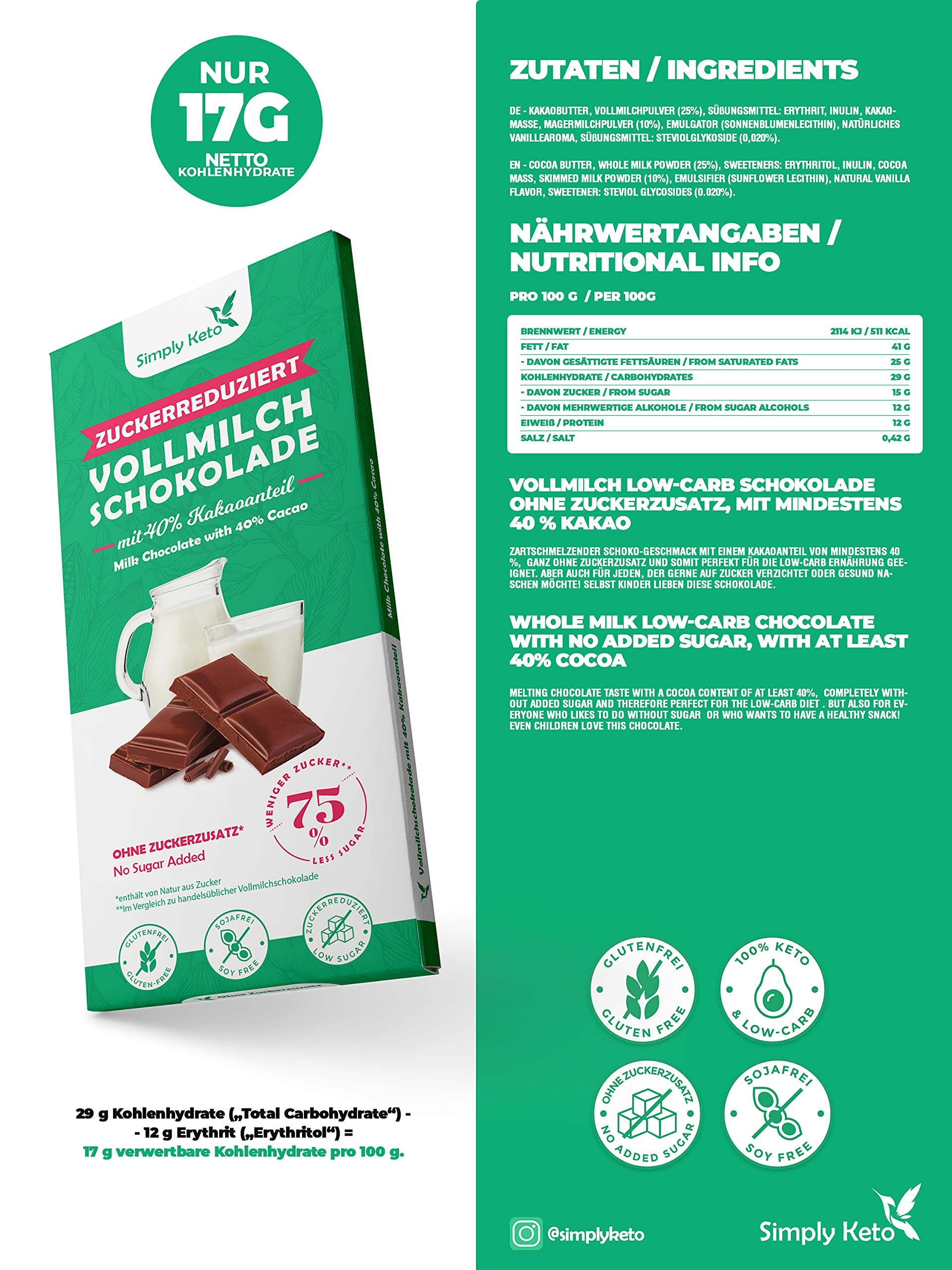 Simply Keto Vollmilch Schokolade 40% Kakao zuckerfrei 1 Stück