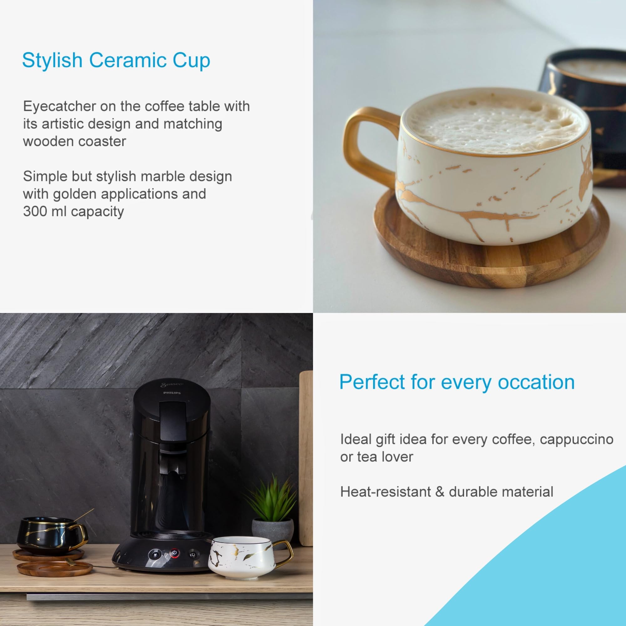 Intirilife Tasse Keramik Weiß Gold Marmor 300 ml mit Holzuntersetzer