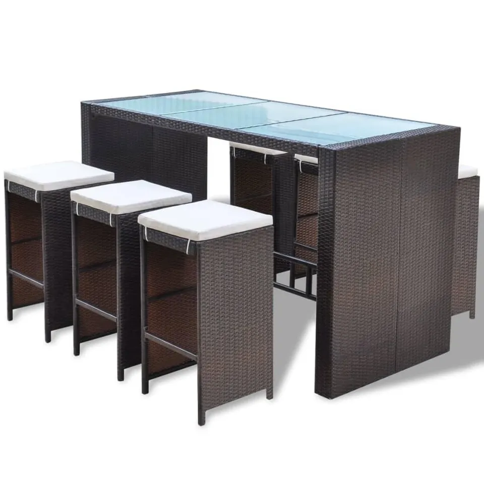 vidaXL Gartenbar Set 7-tlg PE Rattan Braun Bartisch 6 Hocker