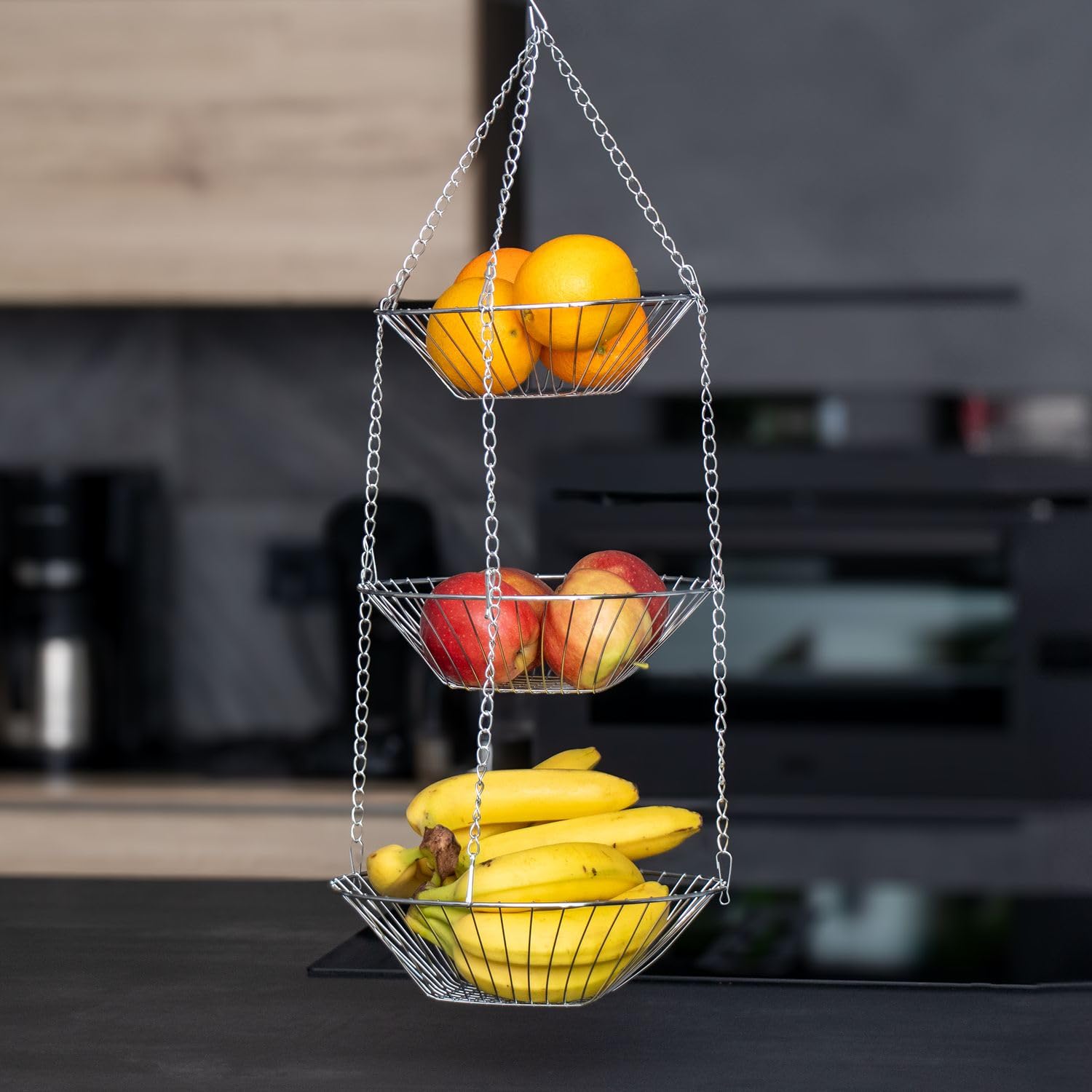 Intirilife Küchenampel Hängekorb silber 3-etagig Obstkorb 73 cm