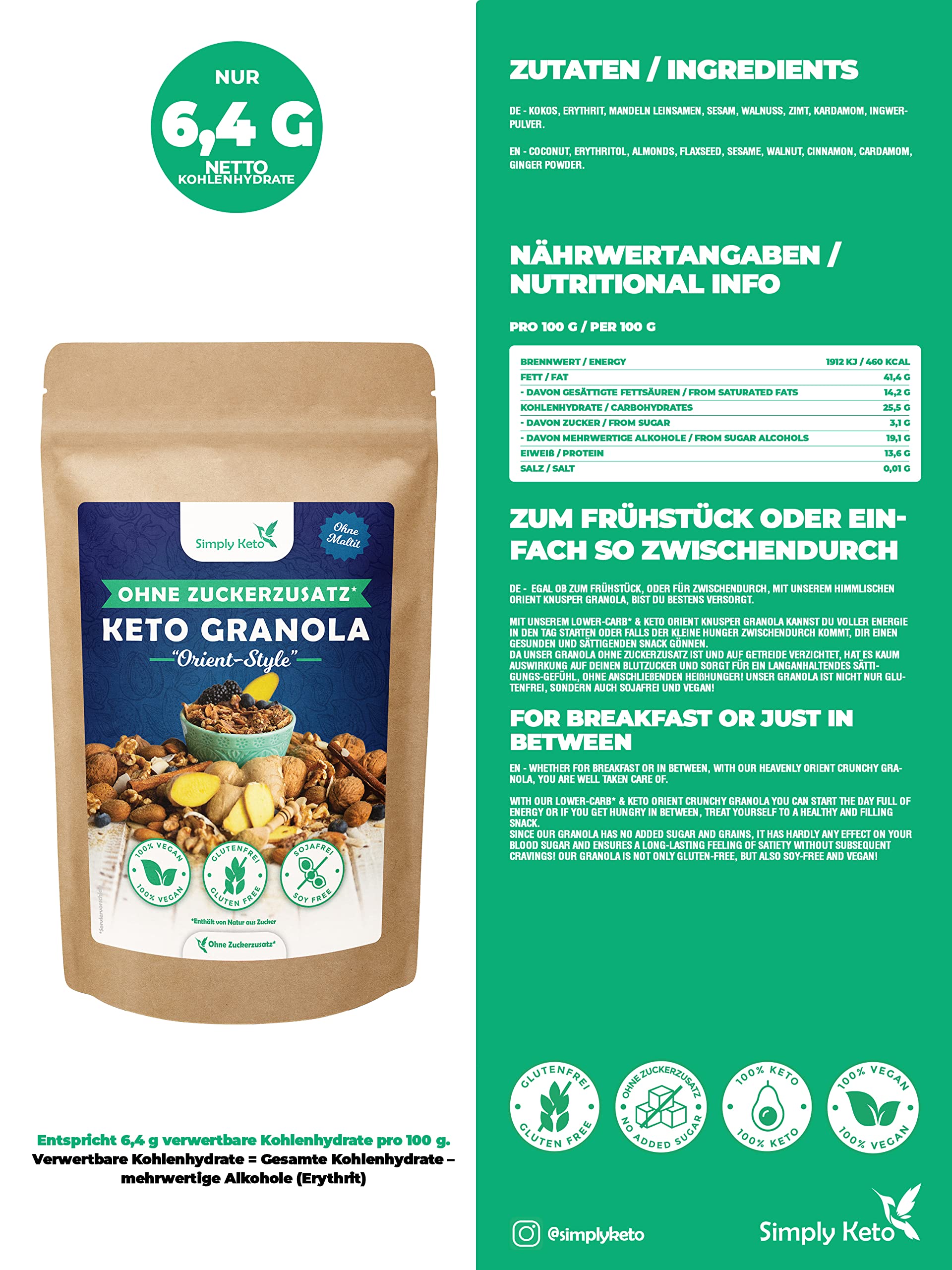 Simply Keto Knusper Granola Orient Sonne 500g ohne Zucker