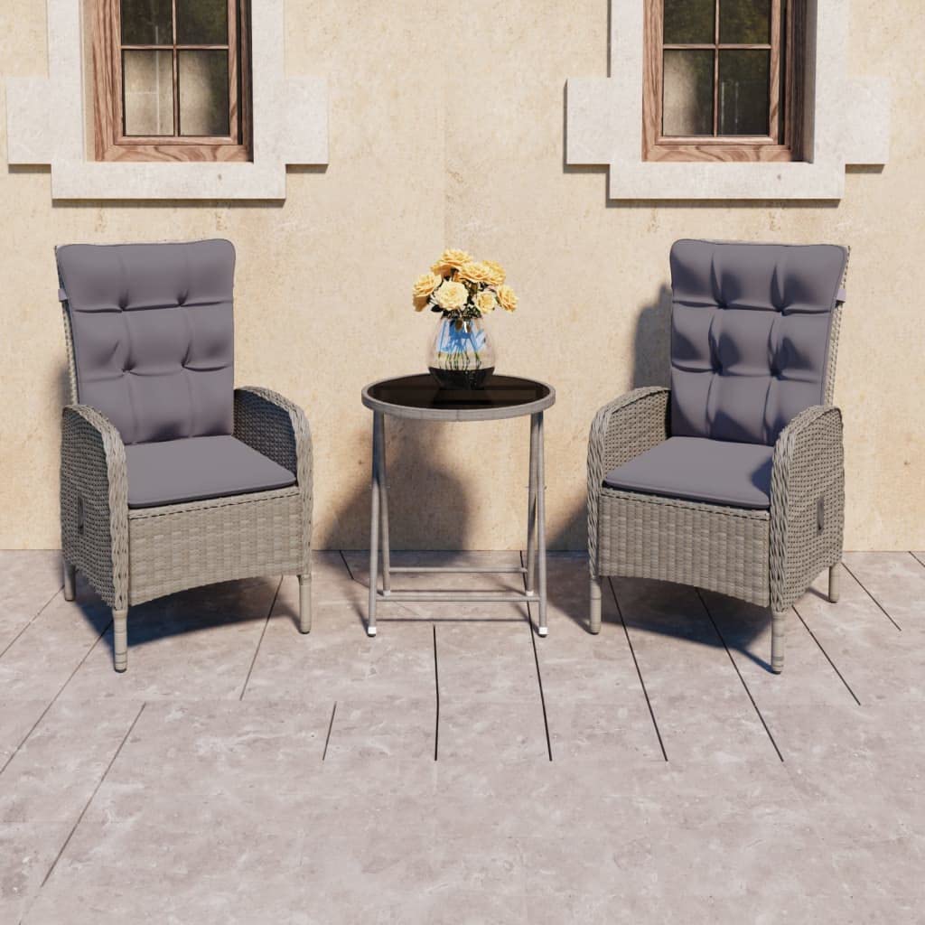 vidaXL Heim & Garten Bistro-Set Grau 3-tlg Rattan Glas wetterfest