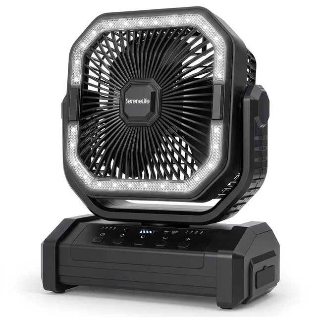 Serenelife Camping Akku Ventilator Schwarz 10000mAh mit LED
