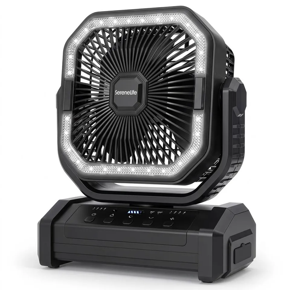 Serenelife Camping Akku Ventilator Schwarz 10000mAh mit LED
