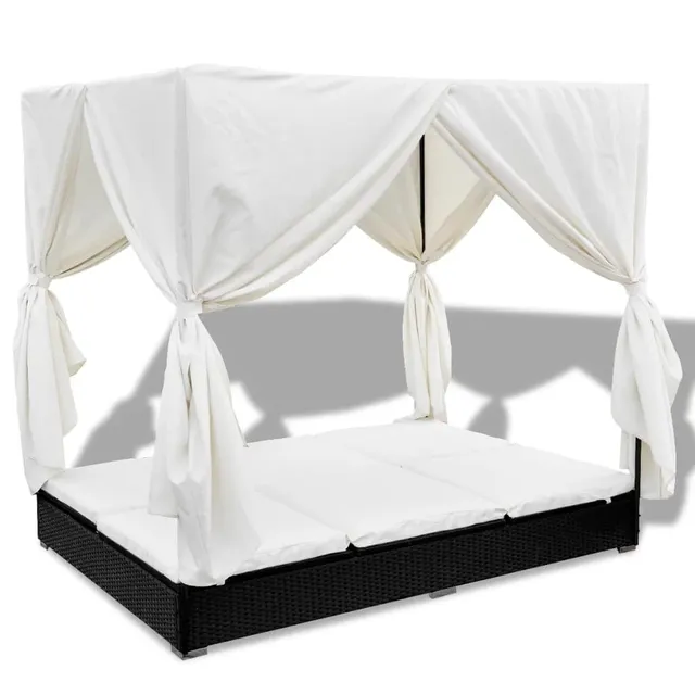 vidaXL Outdoor-Loungebett Poly Rattan Schwarz mit Vorhang