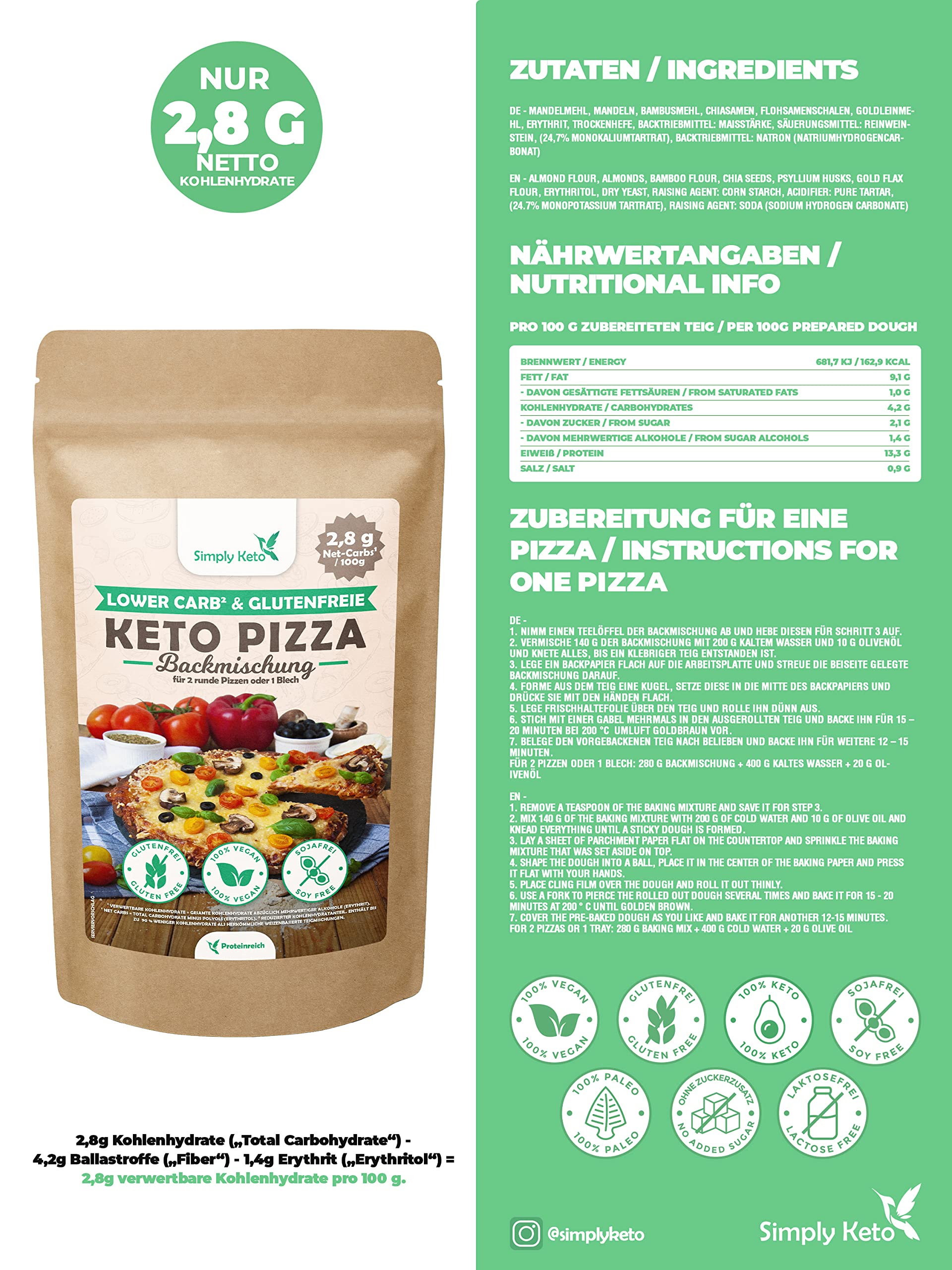 Keto Pizza Backmischung 290 g glutenfrei vegan proteinreich