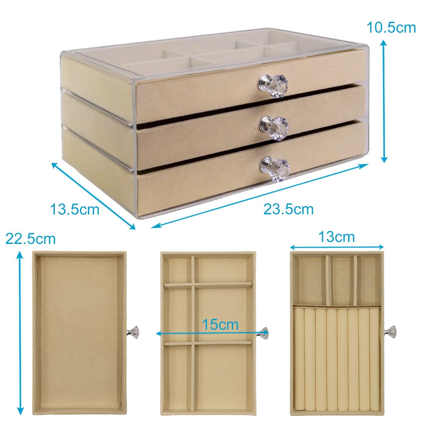 Intirilife Schmuckkästchen Beige 3 Schubladen 23,5 cm Box