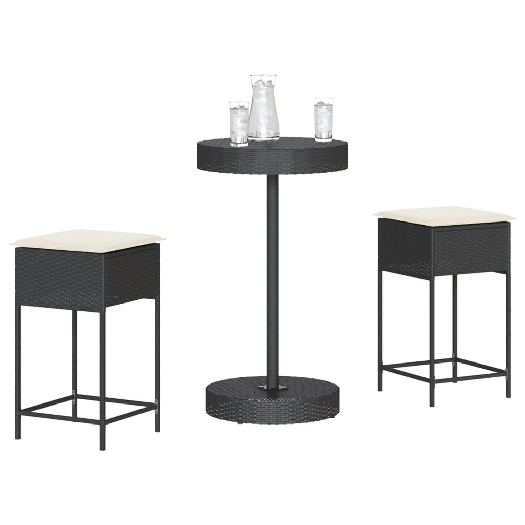 vidaXL Gartenbar-Set 3-tlg Schwarz Poly Rattan mit Kissen