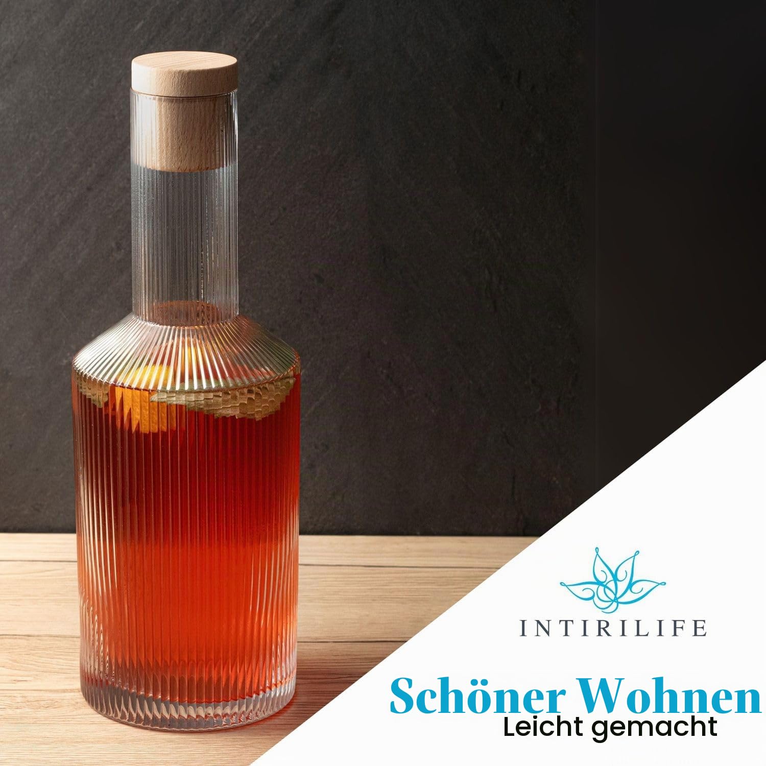 Intirilife Glaskaraffe Goldrand 1,7L Korken Wasserkaraffe