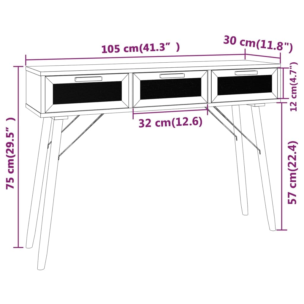 vidaXL Konsolentisch Weiß 105x30x75 Kiefer Rattan 3 Schubladen