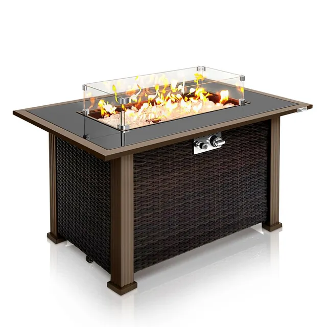 Serenelife Fire Pit Feuertisch 50000 BTU Rattan Braun