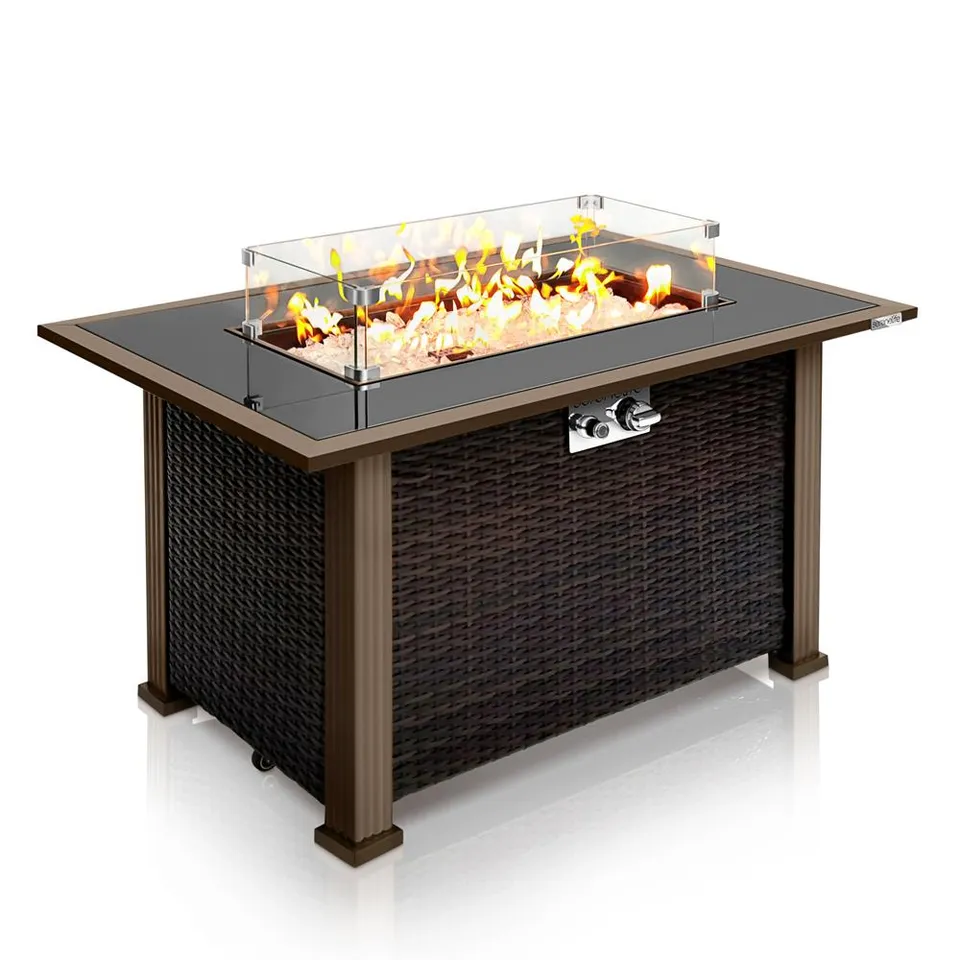 Serenelife Fire Pit Feuertisch 50000 BTU Rattan Braun