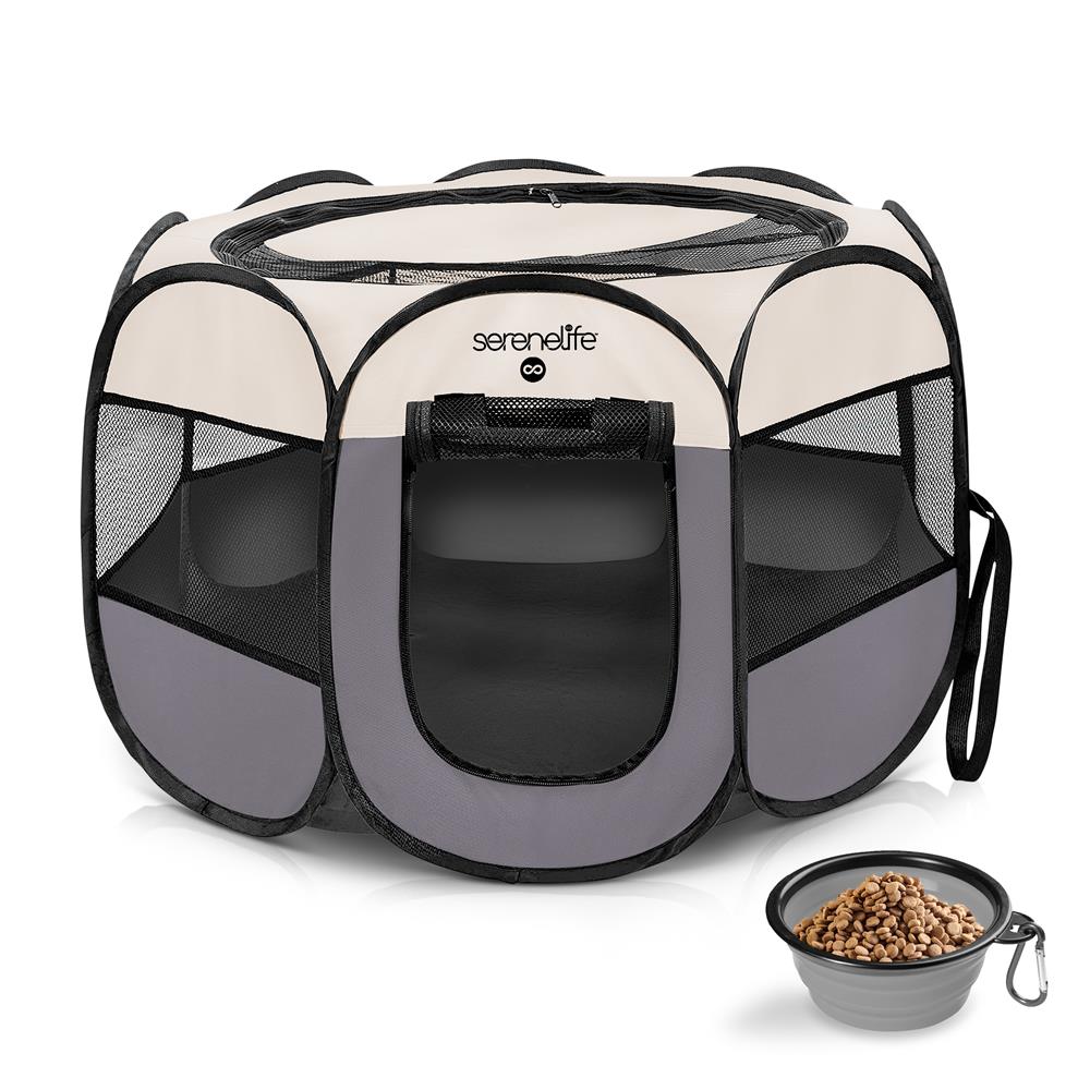 SereneLife Pet Care Laufstall Haustier-Zelt grau mit Faltnapf