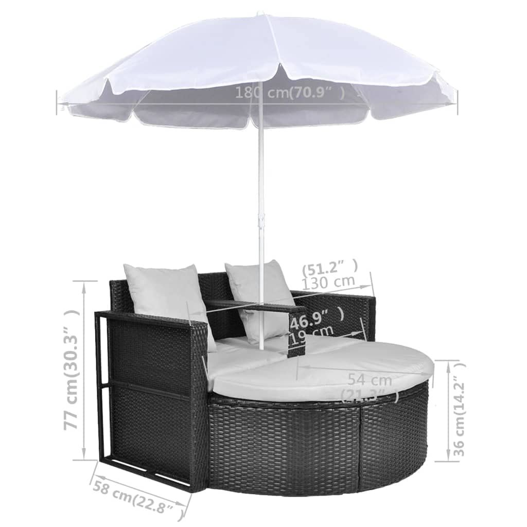 vidaXL Heim & Garten Gartenbett Poly Rattan Schwarz-Weiß mit Schirm