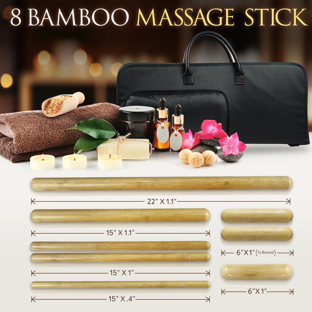 Serenelife Massage Bambus Massage-Set 8 Stäbe mit Wärmetasche