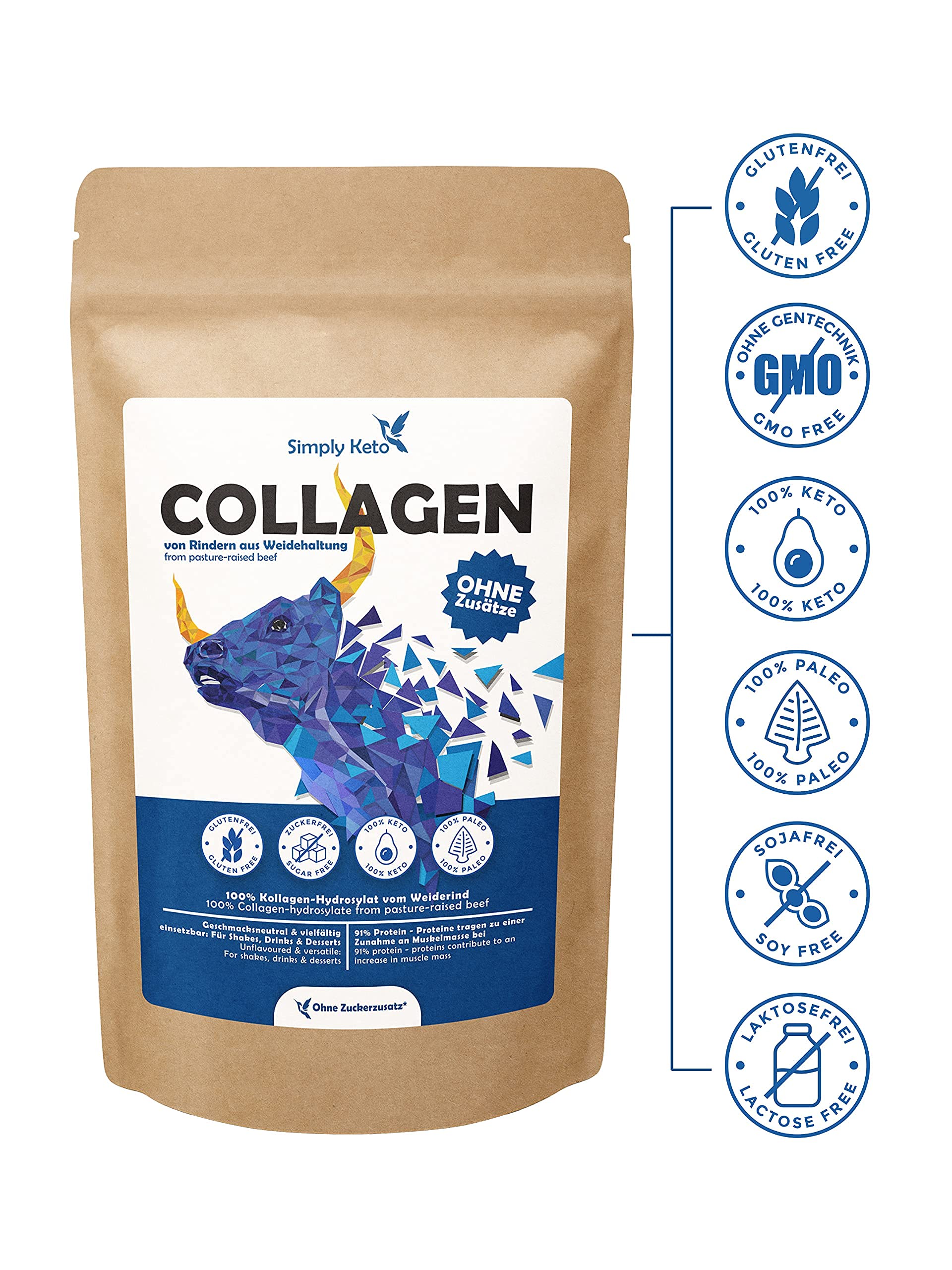Keto Collagen Pulver 500g neutral 91% Protein Weidehaltung