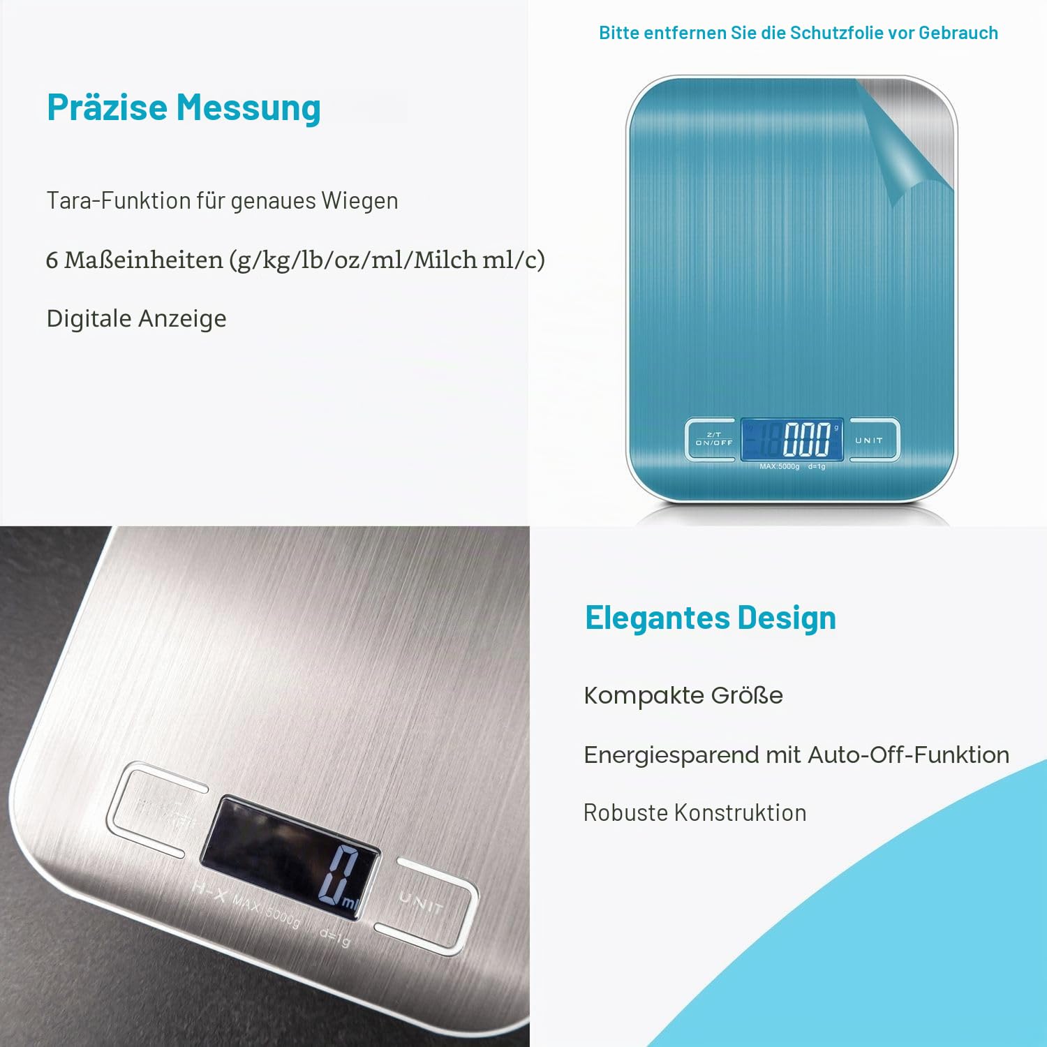 Intirilife Digitale Küchenwaage 5 kg Silber Edelstahl Tara