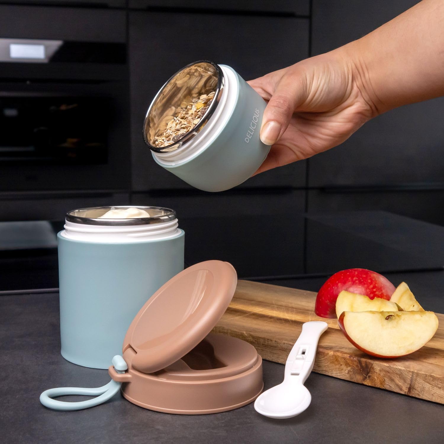 Intirilife Müslibecher Lunchbox blau 370ml Thermo mit Löffel