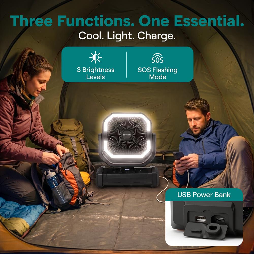 Serenelife Camping Akku Ventilator Schwarz 10000mAh mit LED