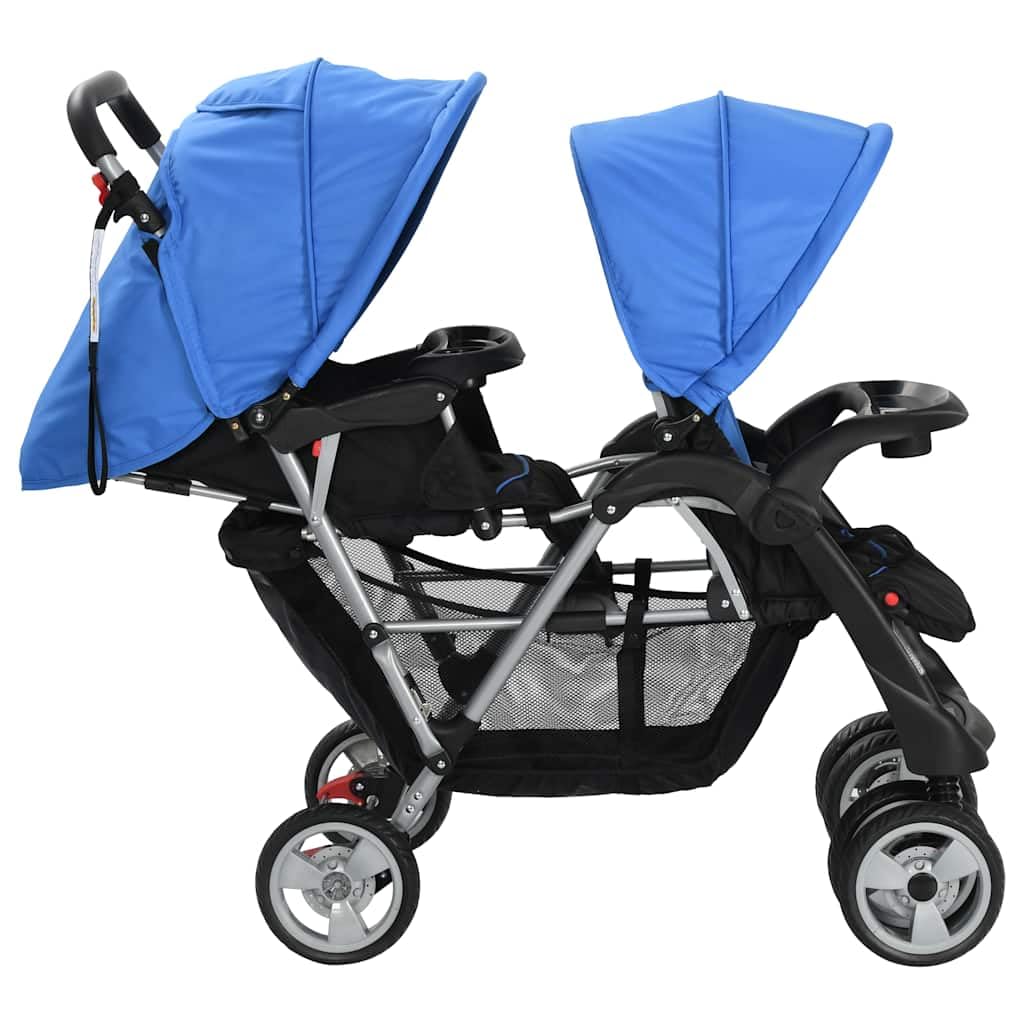 vidaXL Baby Tandem-Kinderwagen Stahl Blau für 2 Kinder