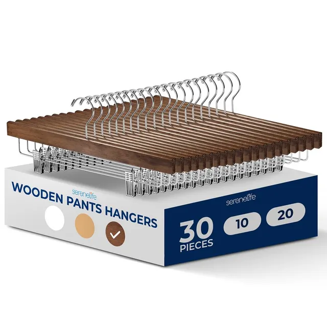 Serenelife Storage Hosenbügel Holz 30er braun mit Clips