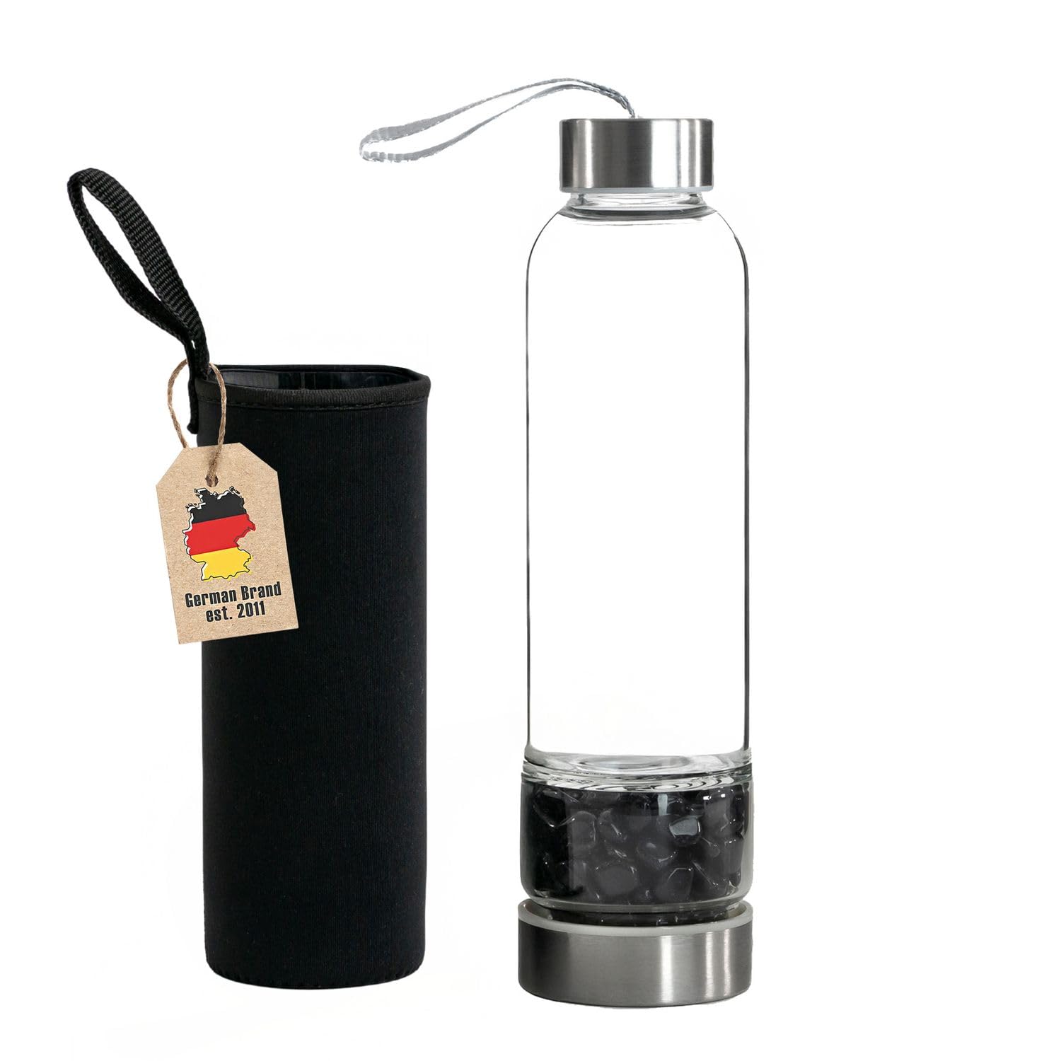 Intirilife Trinkflasche Glas Obsidian 400 ml mit Tasche