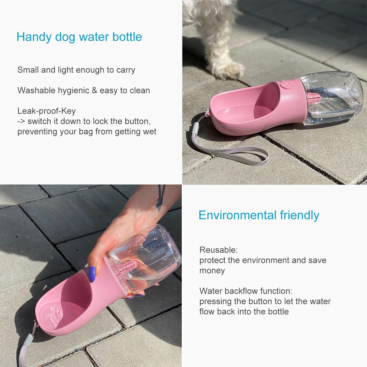 Intirilife Hunde Trinkflasche rosa 300 ml auslaufsicher Kunststoff