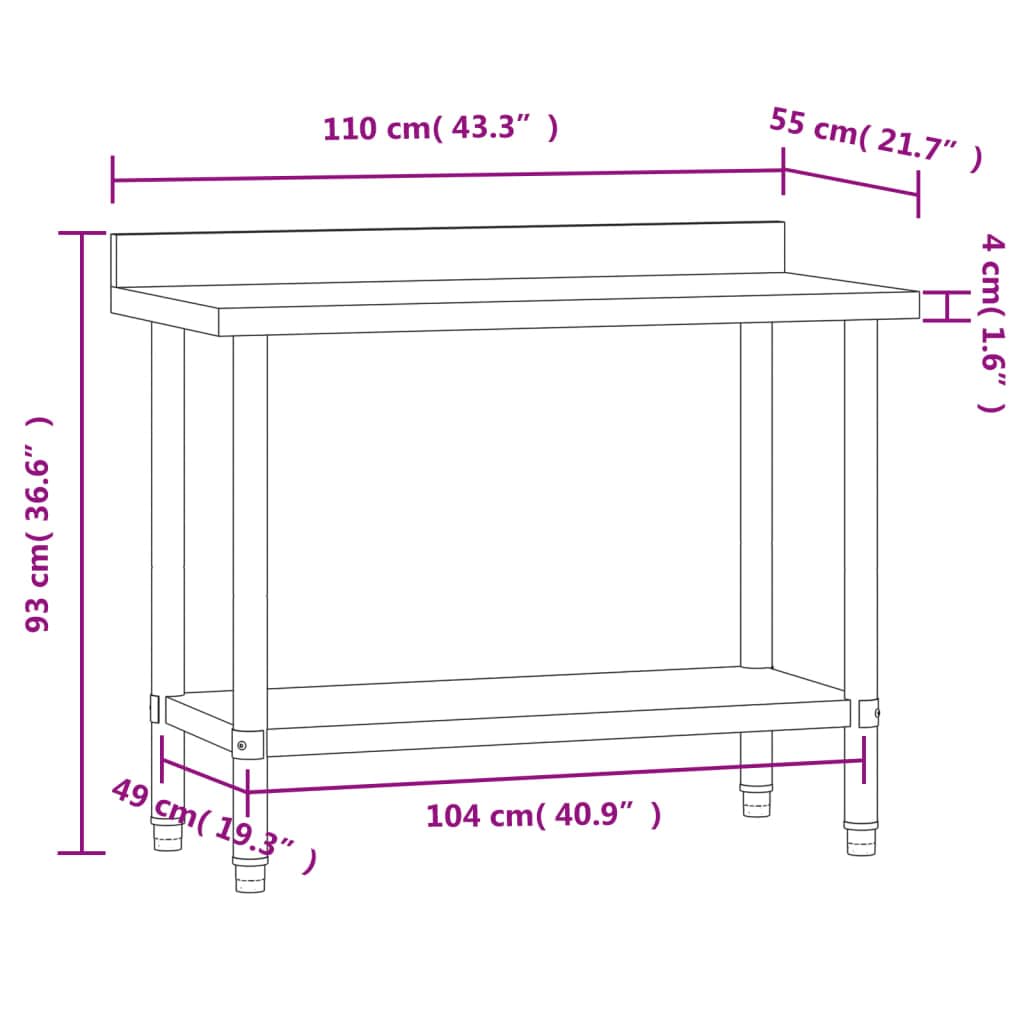 vidaXL Heim & Garten Arbeitstisch Edelstahl 110x55x93 cm Aufkantung