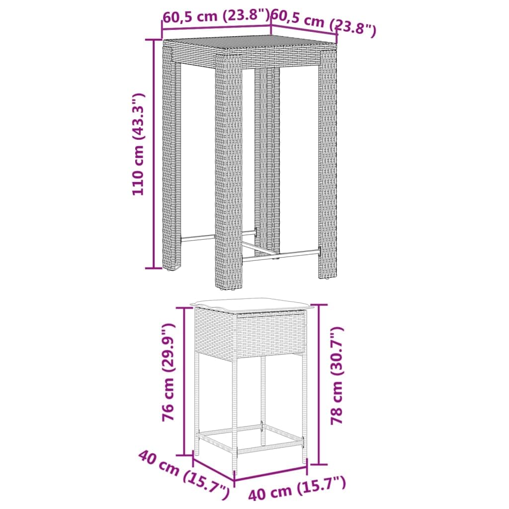 vidaXL Gartenbar Set 3-TLG Poly Rattan Grau mit Kissen