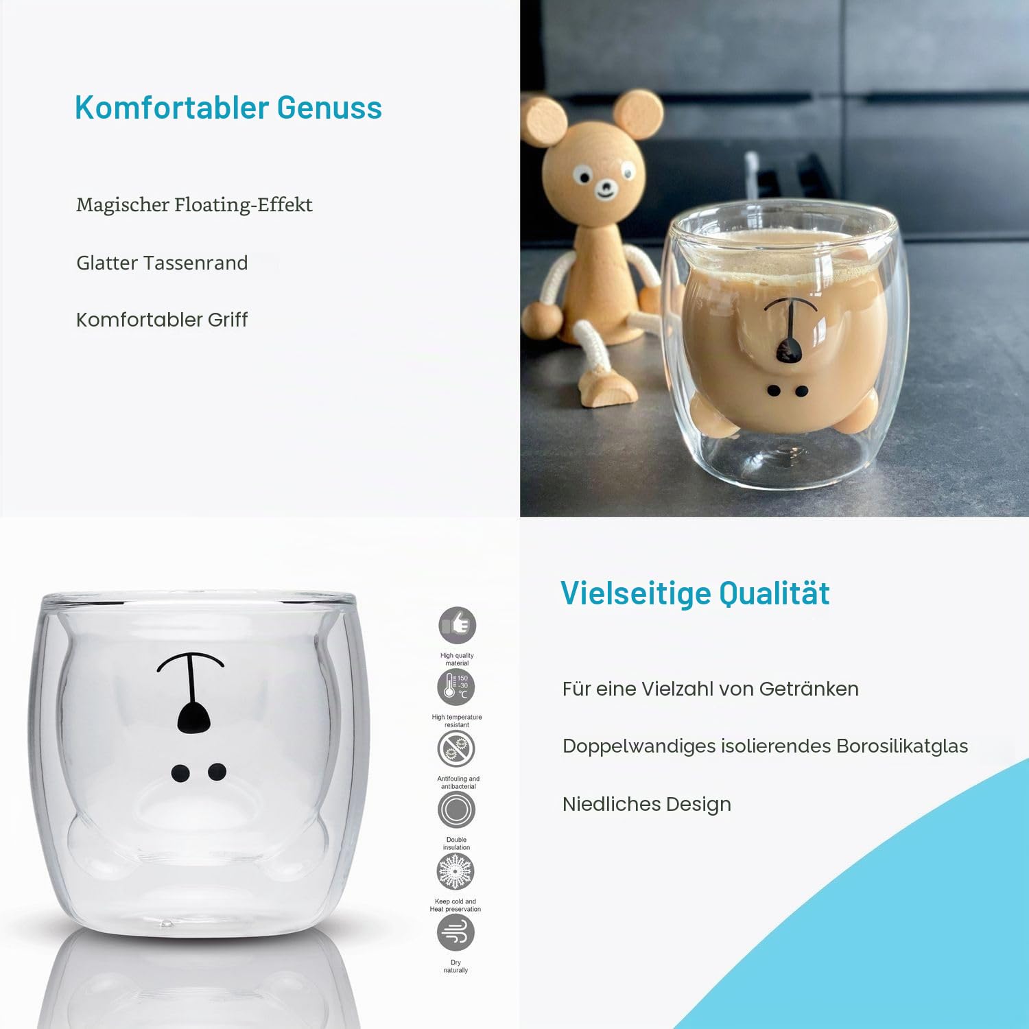 Intirilife Bär Thermoglas 230 ml 2er Set doppelwandig Borosilikat