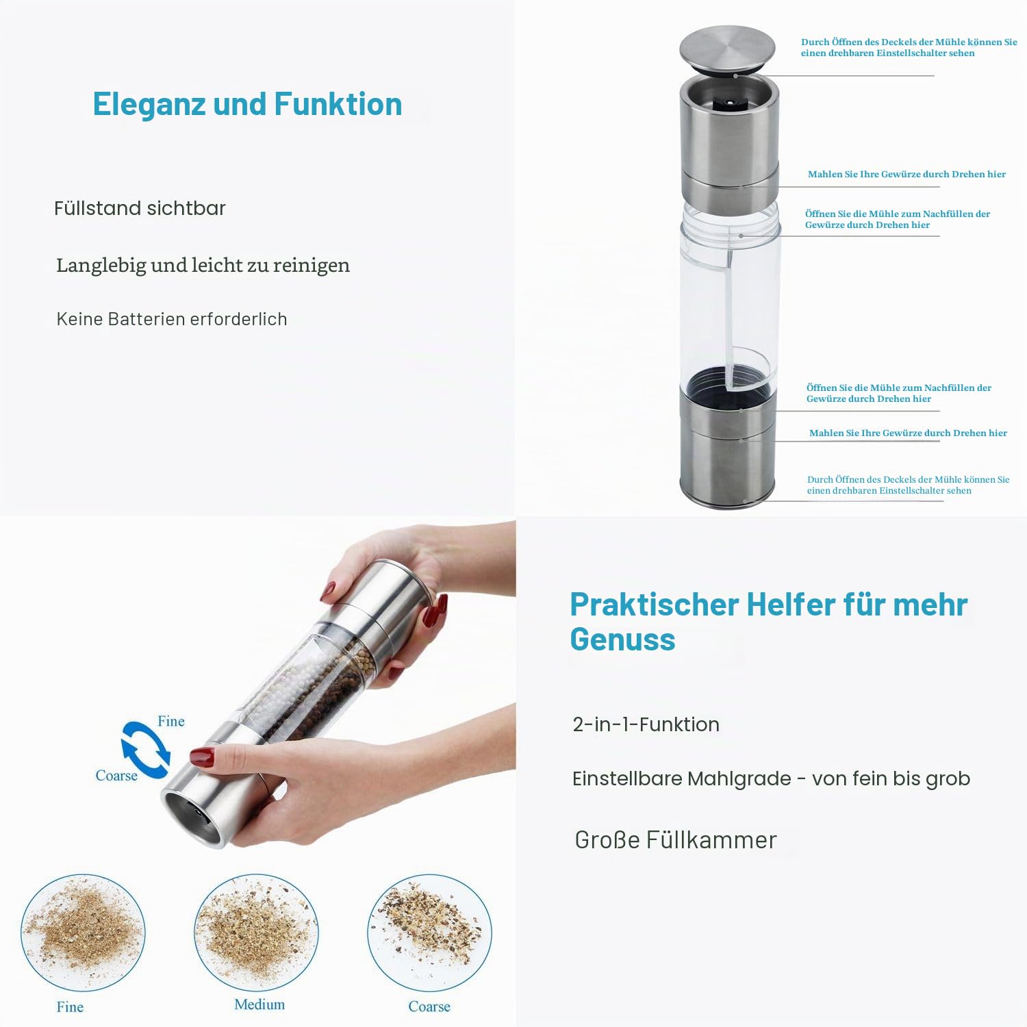 Intirilife Dual Salz- Pfeffermühle Silber Transparent 22cm