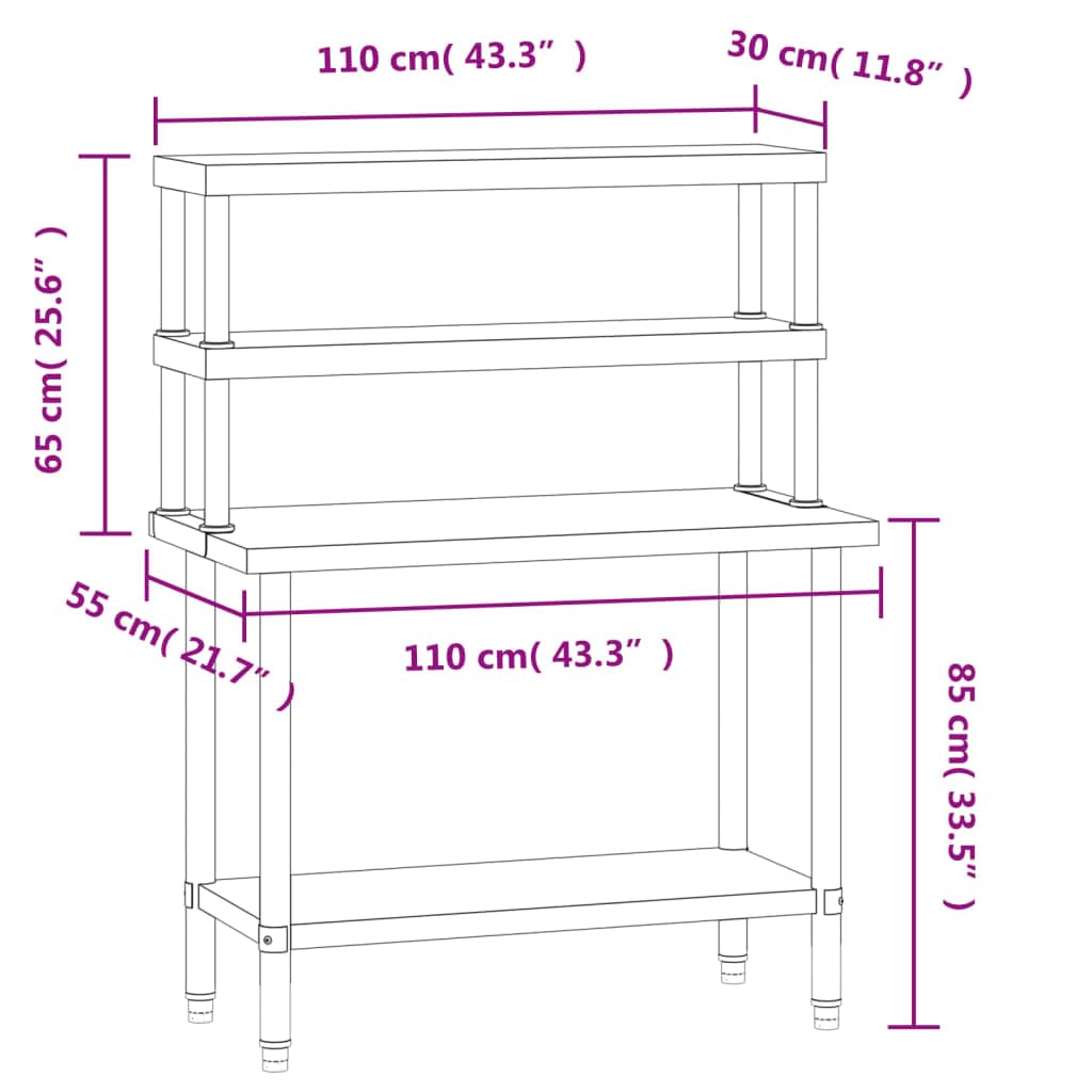 vidaXL Heim & Garten Arbeitstisch 110x55x150 Edelstahl Füße