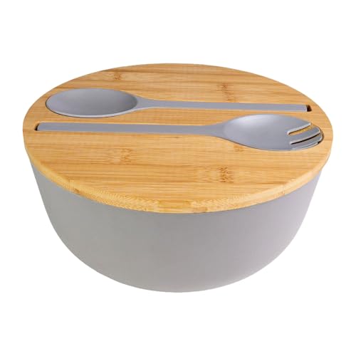 Intirilife Salatschüssel Grau 3,5 L mit Bambusdeckel